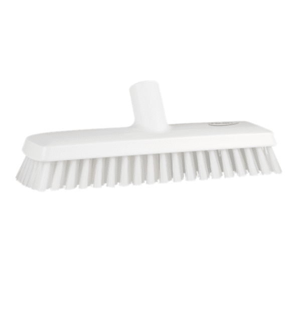 White plastic scrub brush with bristles.